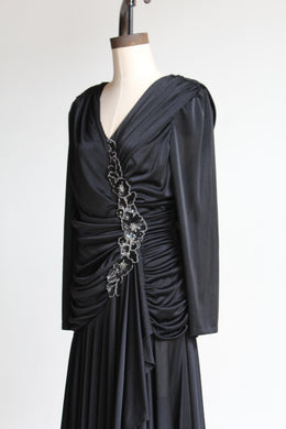 1980s Black Satin Jersey Gathered Evening Dress with Large Floral Sequin Appliqués
