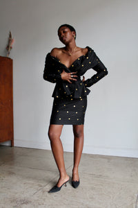 1980s Black Raw Silk Polka Dot 3 Piece Set