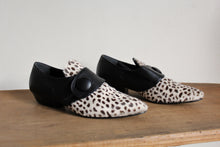 Load image into Gallery viewer, 1980s Dalmation Pony Hair &amp; Black Leather Pointed Button Mules - Made in Italy -Size 8