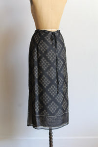 90s Oscar de la Renta Grey Silk Floral Print Wrap Skirt