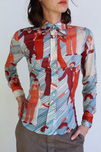 Load image into Gallery viewer, 1970s Art Deco Sheer Nylon Geometric Novelty Print Button Up Blouse
