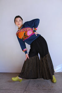 1970s Indian Ruffle Wide Leg Gold Polka Dot Pants