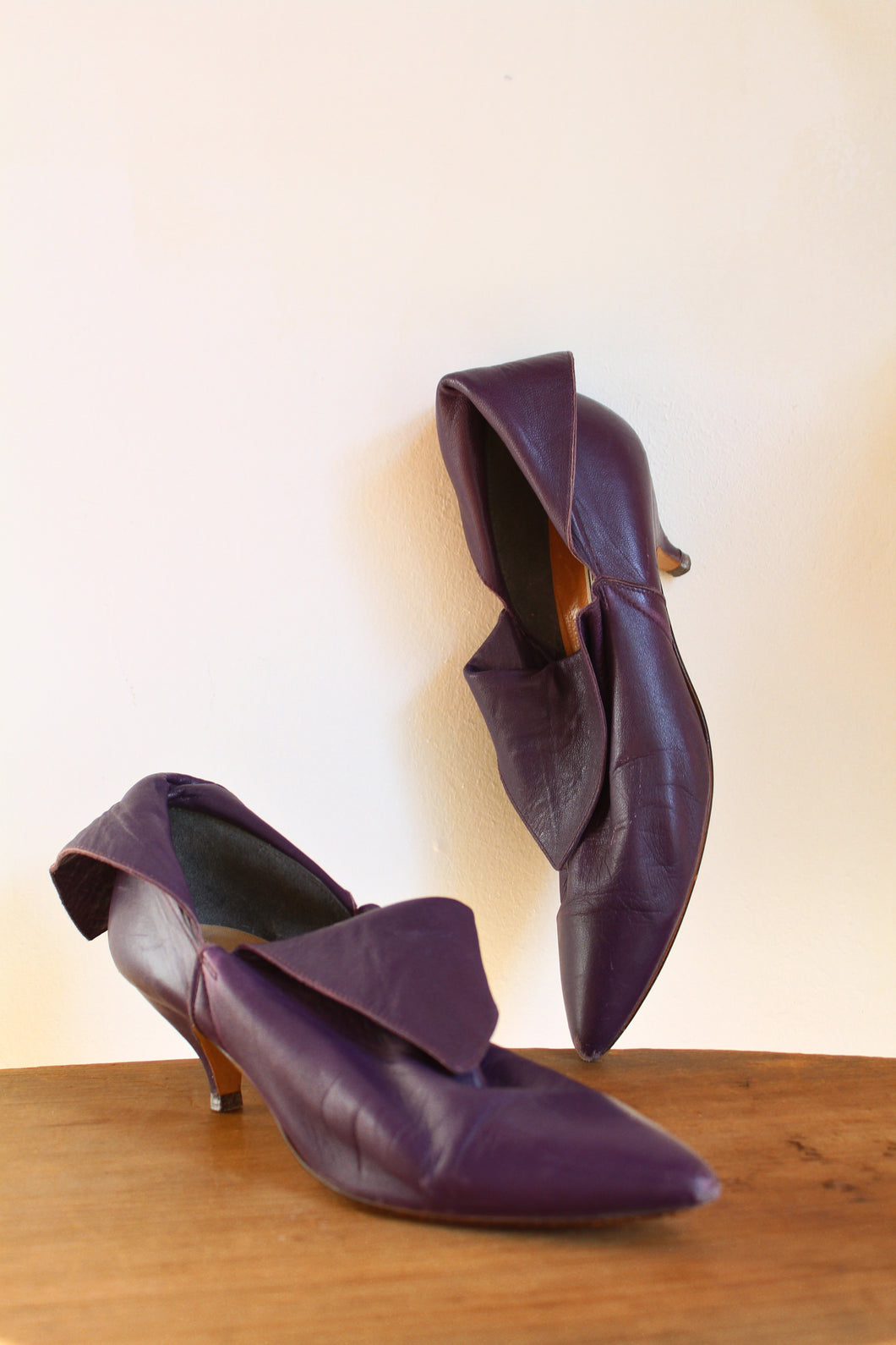 1980s Purple Leather Norma Kamali Ankle Heels - Size 7.5