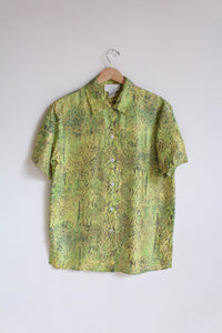 1980s Fluorescent Yellow & Green Silk Snakeskin Print Button Down Blouse