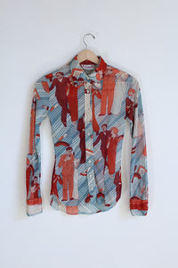 1970s Art Deco Sheer Nylon Geometric Novelty Print Button Up Blouse