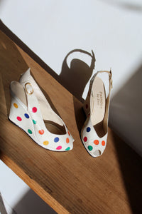 1980s does 1940s White Leather Polka Dot Sling Back Wedges - Size 5.5