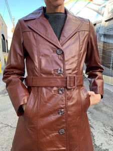 1970s Chestnut Brown Leather Trench Coat