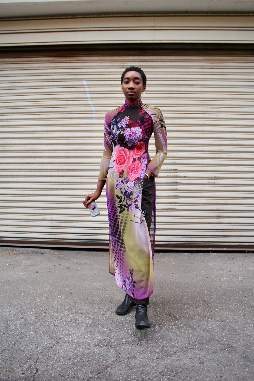 1990s Floral Polka Dot Ao Dai Tunic Dress