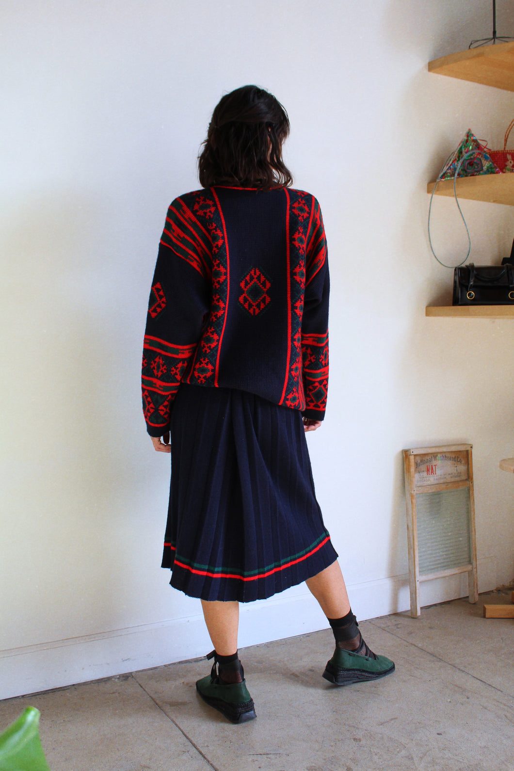 1980s Graphic Sweater & Pleated Skirt Wool Set