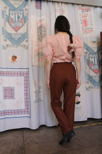 1980s Pink Cotton Linen Pintuck Puff Sleeve Blouse