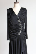 Load image into Gallery viewer, 1980s Black Satin Jersey Gathered Evening Dress with Large Floral Sequin Appliqués