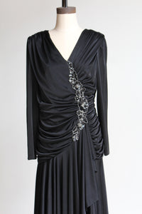 1980s Black Satin Jersey Gathered Evening Dress with Large Floral Sequin Appliqués