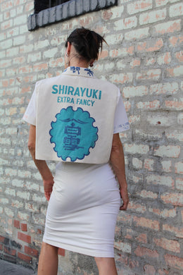 Pink Kokuho Rose + Turquoise Shirayuki Rice Sack Cropped Button-up