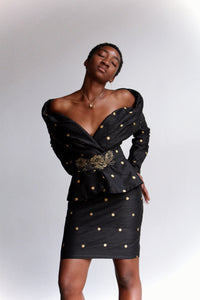 1980s Black Raw Silk Polka Dot 3 Piece Set