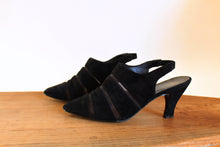 Load image into Gallery viewer, 1980s Black Suede &amp; Mesh Pointed Sling Back Heels - Size 8