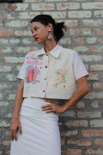 Load image into Gallery viewer, Pink Kokuho Rose + Turquoise Shirayuki Rice Sack Cropped Button-up