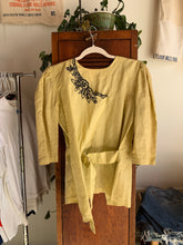 Load image into Gallery viewer, 90s Buttercup Yellow Linen Blouse with Black Floral Crochet Appliqués with Self Belt