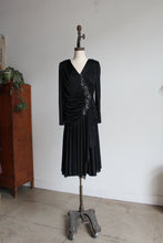 Load image into Gallery viewer, 1980s Black Satin Jersey Gathered Evening Dress with Large Floral Sequin Appliqués