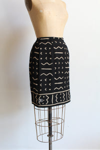 90s Black Silk Mud Cloth Print Wrap Skirt