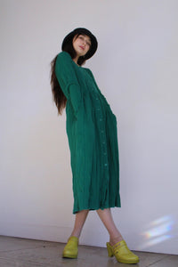 1980s Green Ribbed Knit Long Sleeve Button Front Maxi Dress