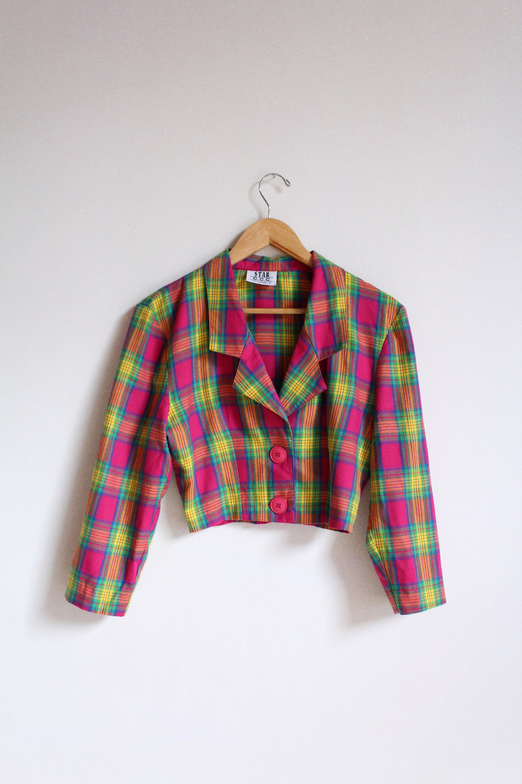 1990s Hot Pink Plaid Cropped Clueless Jacket