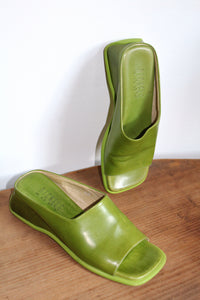 Y2K Lime Green Leather Wedge Slides - Size 8