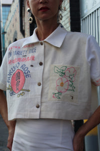 Pink Kokuho Rose + Turquoise Shirayuki Rice Sack Cropped Button-up