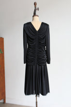 Load image into Gallery viewer, 1980s Black Satin Jersey Gathered Evening Dress with Large Floral Sequin Appliqués