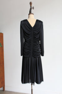 1980s Black Satin Jersey Gathered Evening Dress with Large Floral Sequin Appliqués