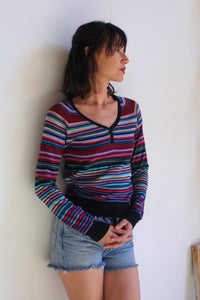1970s V-Neck Lurex Striped Pullover Sweater