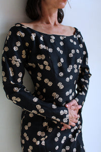 1950s Black Silk Suzy Perette Silk Abstract Print Wiggle Dress