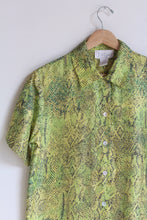 Load image into Gallery viewer, 1980s Fluorescent Yellow &amp; Green Silk Snakeskin Print Button Down Blouse