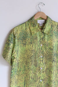 1980s Fluorescent Yellow & Green Silk Snakeskin Print Button Down Blouse