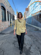 Load image into Gallery viewer, 90s Buttercup Yellow Linen Blouse with Black Floral Crochet Appliqués with Self Belt