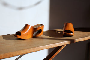 1970s Brown Leather & Cork Cut Out Wedges -  Size 7