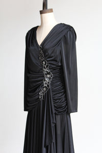 1980s Black Satin Jersey Gathered Evening Dress with Large Floral Sequin Appliqués