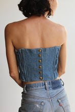 Load image into Gallery viewer, 1980s Denim + Gold Bustier Crop Top