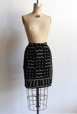 90s Black Silk Mud Cloth Print Wrap Skirt