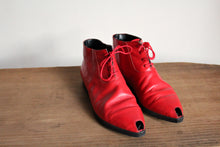 Load image into Gallery viewer, 1980s Red Leather Town &amp; Country Peep Toe Italian Lace Up Ankle Boots - Size 8.5-9