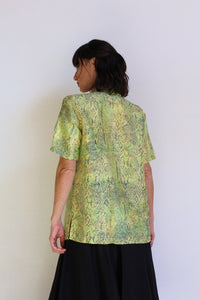 1980s Fluorescent Yellow & Green Silk Snakeskin Print Button Down Blouse