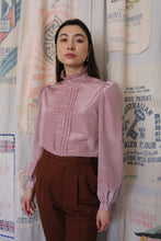 Load image into Gallery viewer, 1970s Shiny Mauve Pink Grid Print Ruffle Collar Blouse