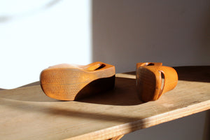 1970s Brown Leather & Cork Cut Out Wedges -  Size 7