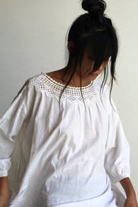 Antique White Cotton Tent Dress with Crochet Lace Neckline