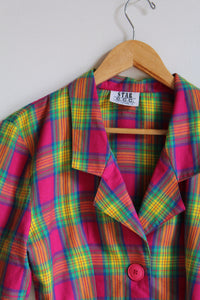 1990s Hot Pink Plaid Cropped Clueless Jacket