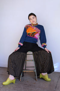 1970s Indian Ruffle Wide Leg Gold Polka Dot Pants