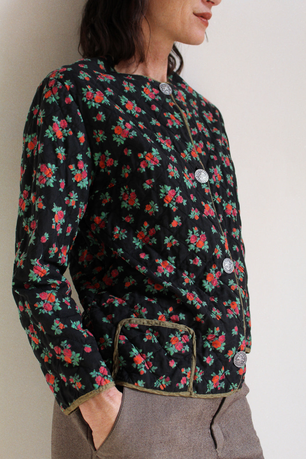 1970s Black Floral Quilted Jacket