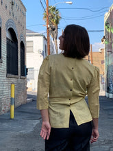 Load image into Gallery viewer, 90s Buttercup Yellow Linen Blouse with Black Floral Crochet Appliqués with Self Belt