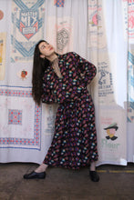 Load image into Gallery viewer, 1980s Black Silk Novelty Clock Print Jacket + Skirt Set