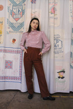 Load image into Gallery viewer, 1970s Shiny Mauve Pink Grid Print Ruffle Collar Blouse