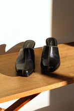 Load image into Gallery viewer, Y2K Reaction by Kenneth Cole Black Leather Wedge Mules w/ White Top Stitching - Size 8M